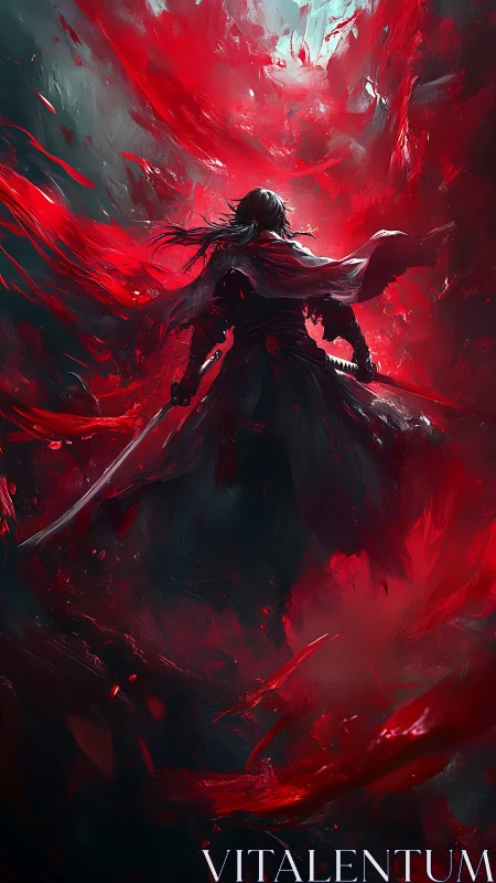 Lone swordsman stands amid swirling crimson energy storm