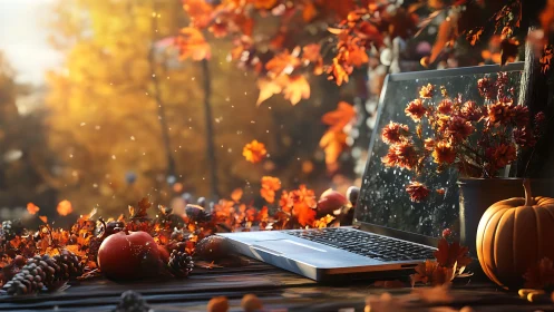 Laptop quietly daydreams among drifting autumn leaves and light