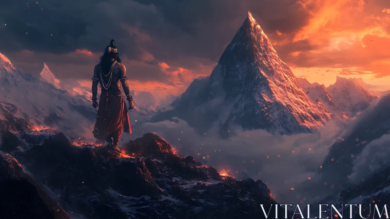 Mythic warrior stands before blazing snow peak at dusk.