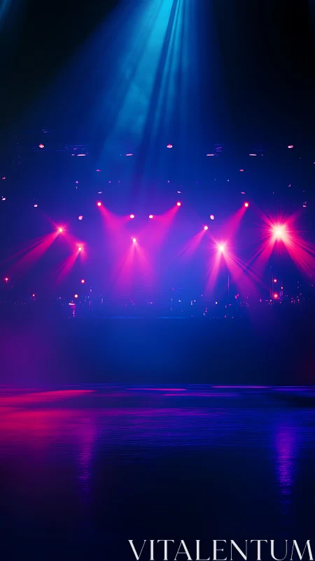 Neon stage lights bathing a quiet floor in concert color.