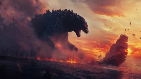 Colossal sea monster shattering burning cargo ship at dusk.