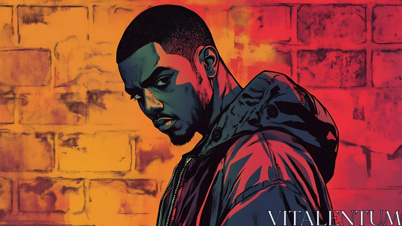 Urban comic portrait with bold neon brick backdrop.