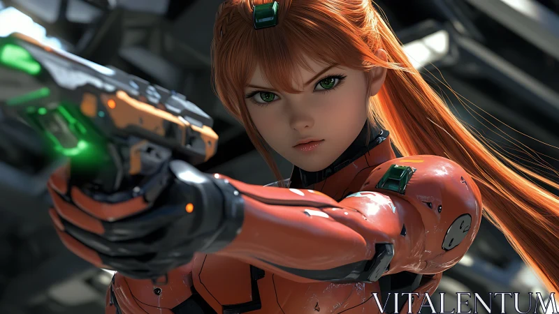 Cybernetic pilot in orange exosuit aiming illuminated pistol