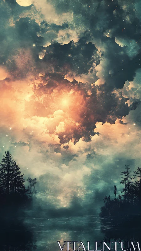 Nocturnal lake with silhouetted trees under nebula sky.