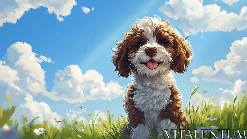 Curly brown white puppy sits in sunny meadow portrait