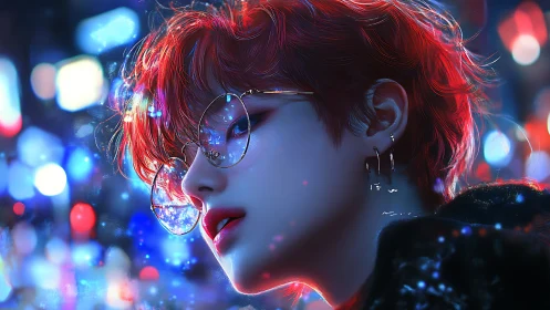 Neon lit portrait captures a red haired figure in dreamy focus