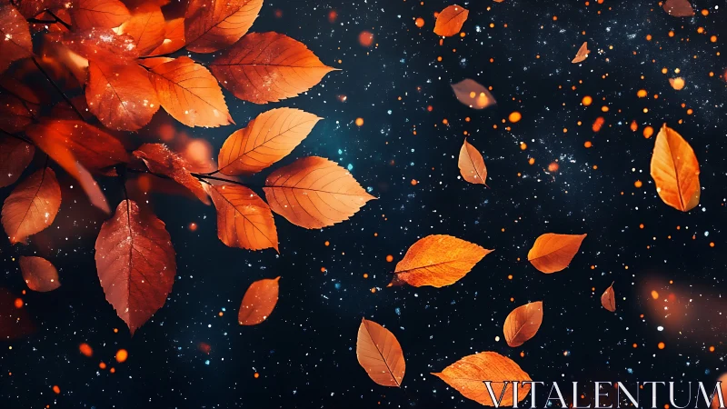 Glowing autumn leaves drifting gently through starlit night.