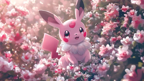 Pink rabbit-like creature in dense pink flowering field.
