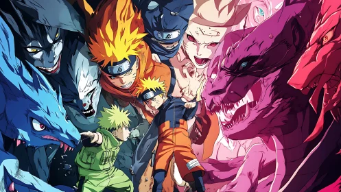 Anime key art with central hero and encircling beast silhouettes.