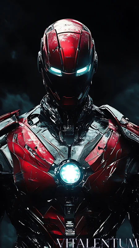 Red armored humanoid with illuminated chest reactor unit.