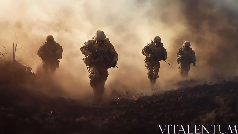 Dust-storm fireteam advancing through bronze battlefield haze.