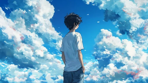 Teen boy under vivid blue sky with towering clouds.