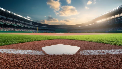 Baseball home plate viewed close-up inside crowded stadium
