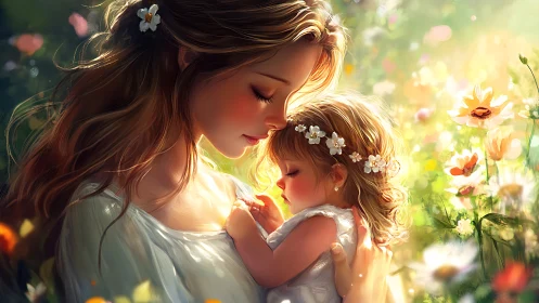 Adult figure holding child figure in sunlit garden setting.