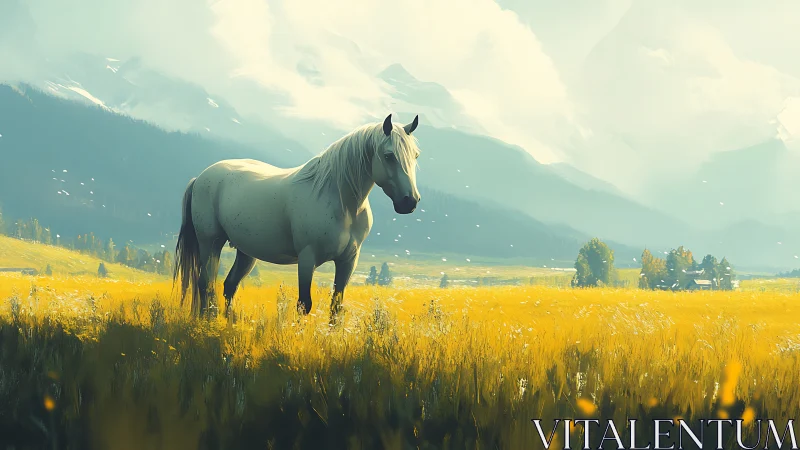 White horse in golden valley beneath distant snowy peaks.
