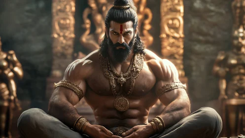 Mythic warrior meditates in ornate golden temple interior.