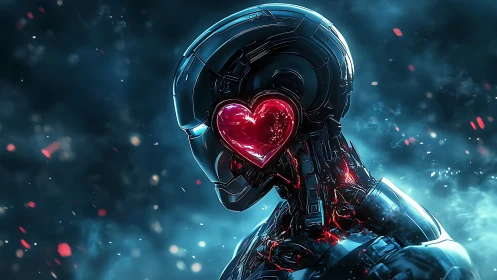 Cyborg head renders with translucent heart core and emissive wiring