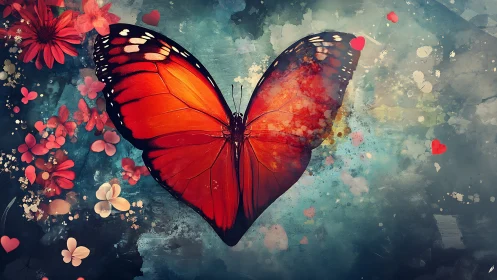 Crimson butterfly heart glows amid teal abstract bloom.