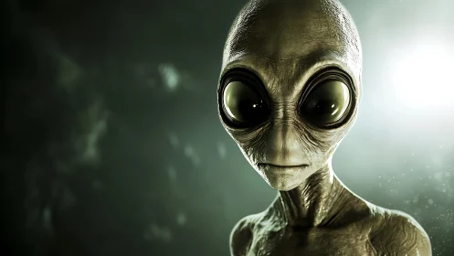 Alien portrait with large reflective eyes in green light.