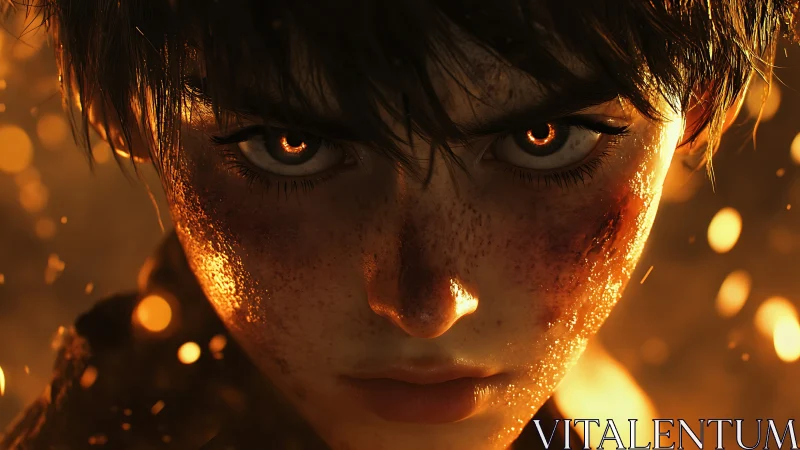 Close frontal view of intense freckled face amid embers.