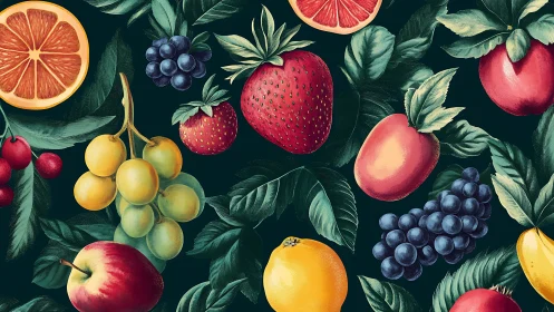 High-saturation botanical fruit pattern with detailed foliage rendering