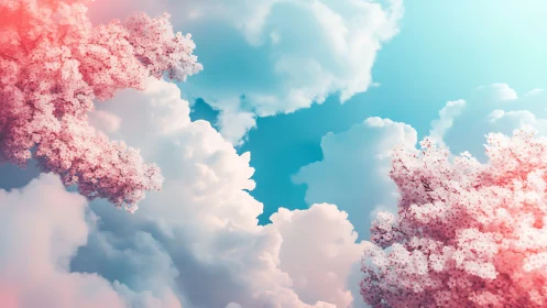 Pastel cherry blossoms drift against bright spring sky.