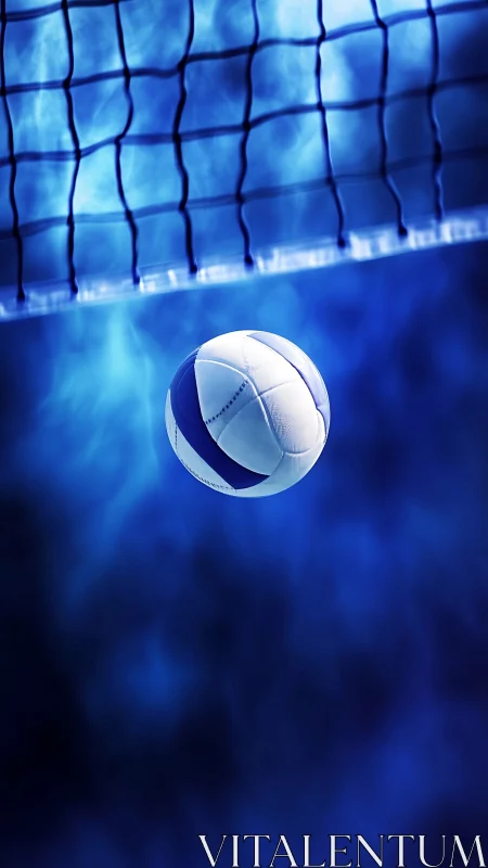 Midair volleyball moment under glowing blue court lights.