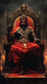 Throne of embers crowns a storm-dark king in molten red