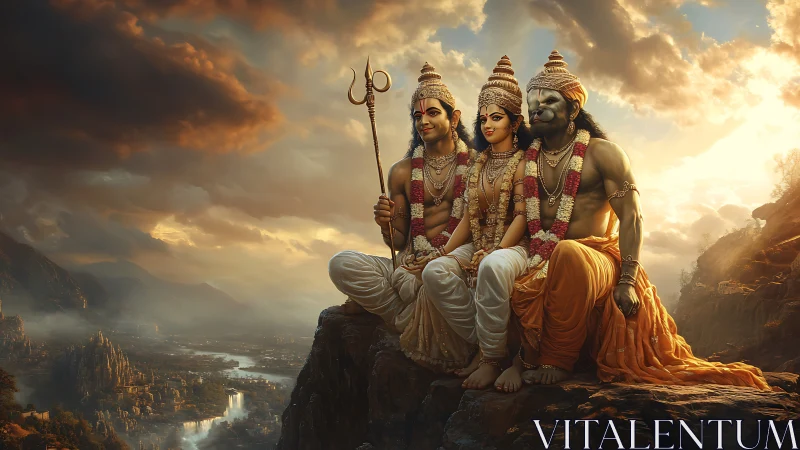 Sunlit divine trio resting above a dreaming valley at dusk.