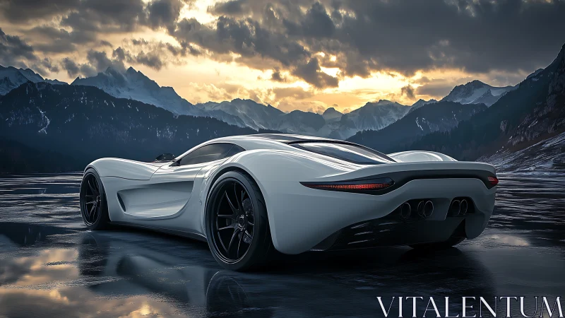 Sleek white supercar glides across a frozen mountain lake