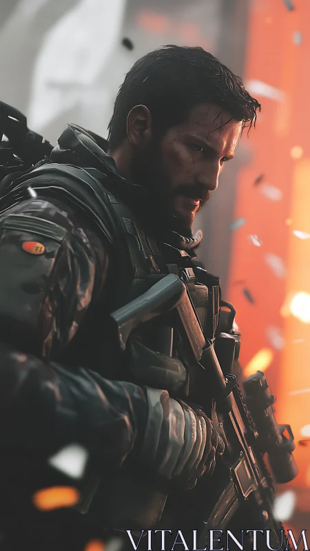 Battle-hardened sentinel stalks through embers and drifting ash