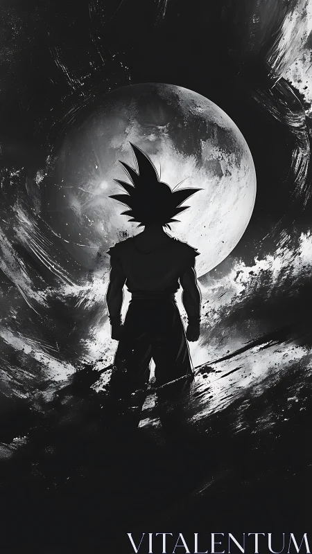 Silhouetted warrior in monochrome lunar backlight composition.