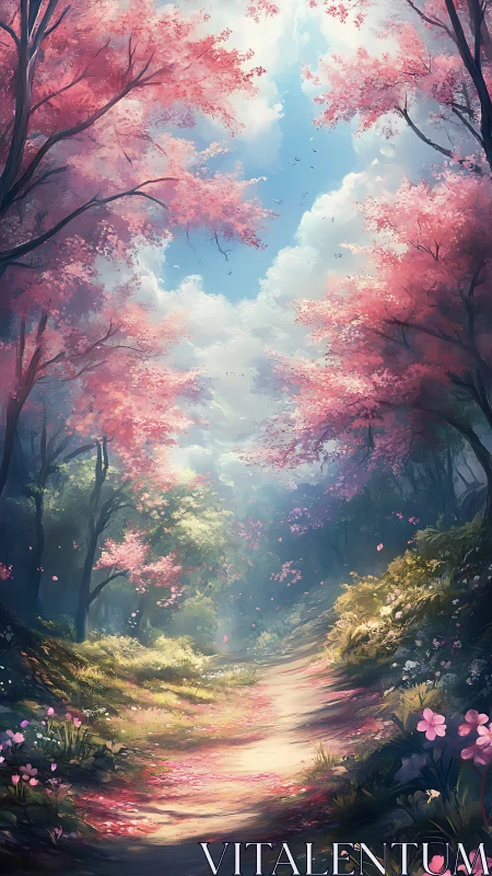 Enchanted Cherry Blossom Path Through Nature.