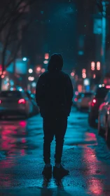 Hooded figure in neon-lit wet urban street at night, backlit
