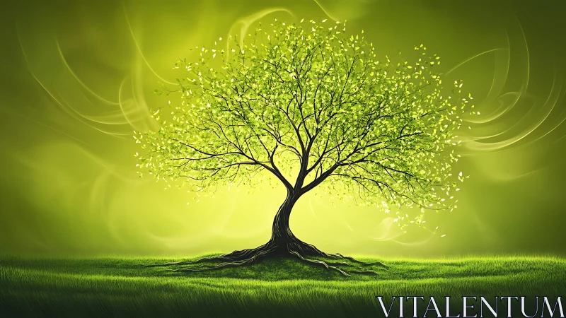 Digital illustration shows solitary green tree on luminous field