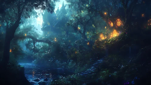 Enchanted Forest Cathedral. Magical woodland sanctuary illuminated.