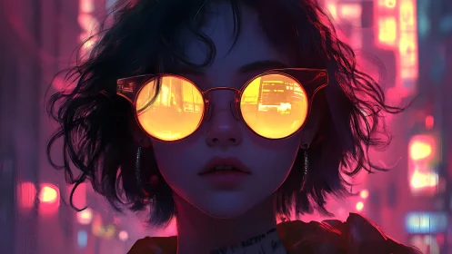 Neon city reflections in glowing cyberpunk sunglasses portrait.