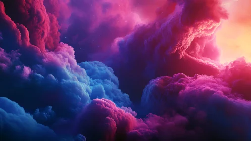 Dreamy neon clouds drift through a glowing cosmic sunset sky