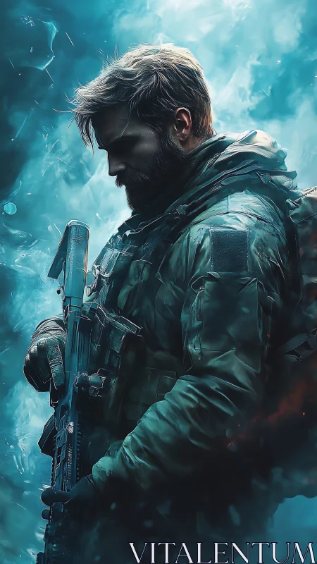 Side-profile soldier holds rifle in cold blue environment