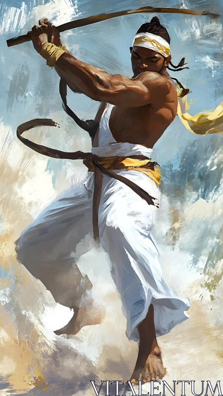 Whirling capoeirista carves bright arcs through coastal wind