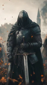 Armored dusk sentinel with weathered greatsword in emberscape.