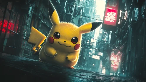 Electric creature in neon alley with cinematic depth.