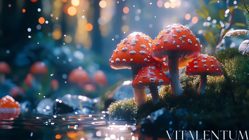 Glowing red mushrooms shimmer beside a dreamy forest stream