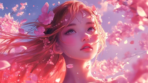 Anime blossom portrait with ethereal soft light rendering.