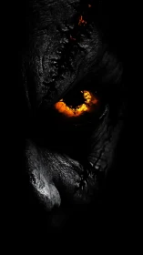Burning orange eye glows fiercely from a scarred dark face