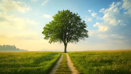 Solitary Tree on Country Path in Serene Morning Landscape.