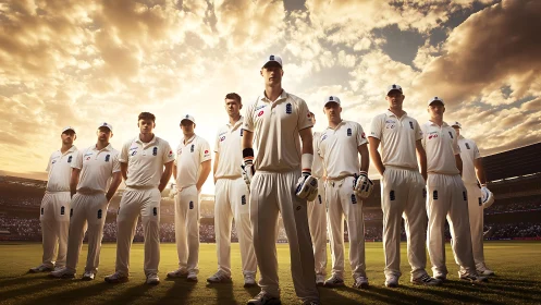 Cricket team under dramatic sunset light on stadium turf.
