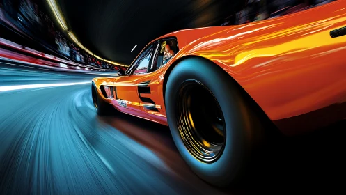 Orange race car on curved track under tunnel lighting.