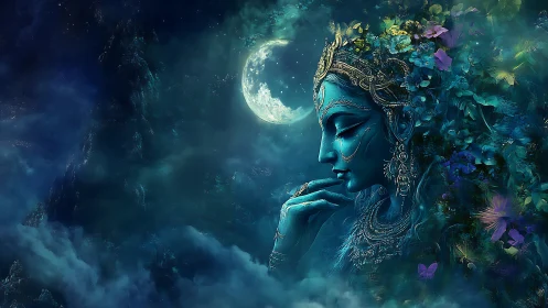 Moonlit azure goddess dreaming in florid cosmic silence.