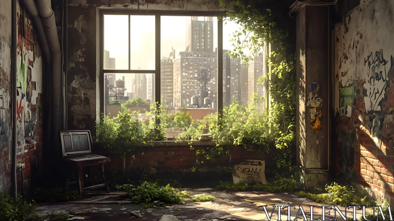 Abandoned city room overgrown with plants and sunlight.